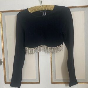 Sincerely Jules Black Crop Top with rhinestone Fringe beneath curved front..